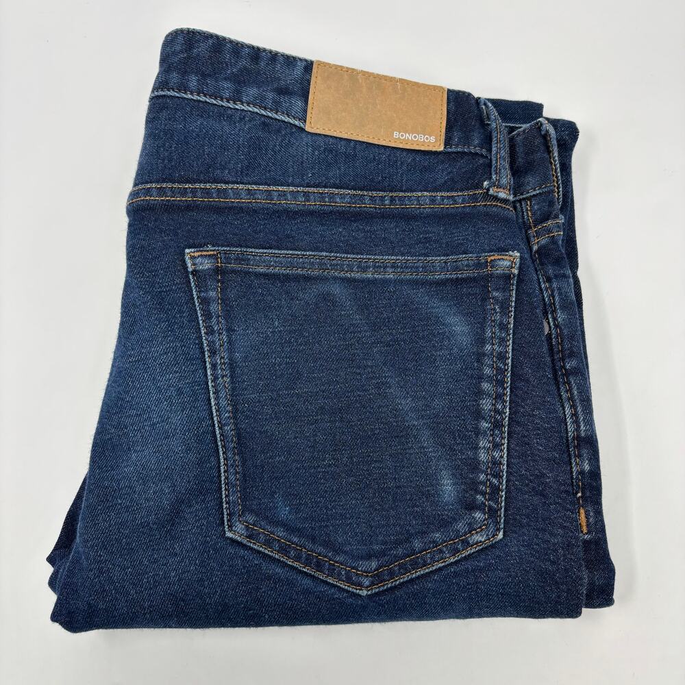 Bonobos Mens 32x34 Organic Cotton Blue Distressed 5 Pocket Straight Jeans